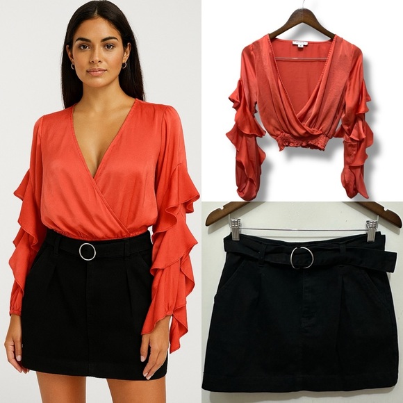 Bundle Set | EUC Coral Ruffle Sleeve Blouse + Black Belted Mini Skirt (Size M) - Picture 1 of 12